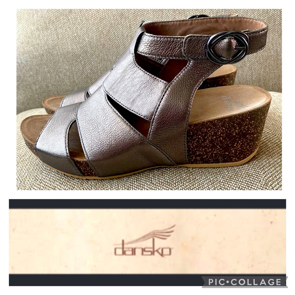 Dansko Metallic Leather Platform Wedge Sandal. 2 Inch Heel. Size 41, 10.5-11 US.